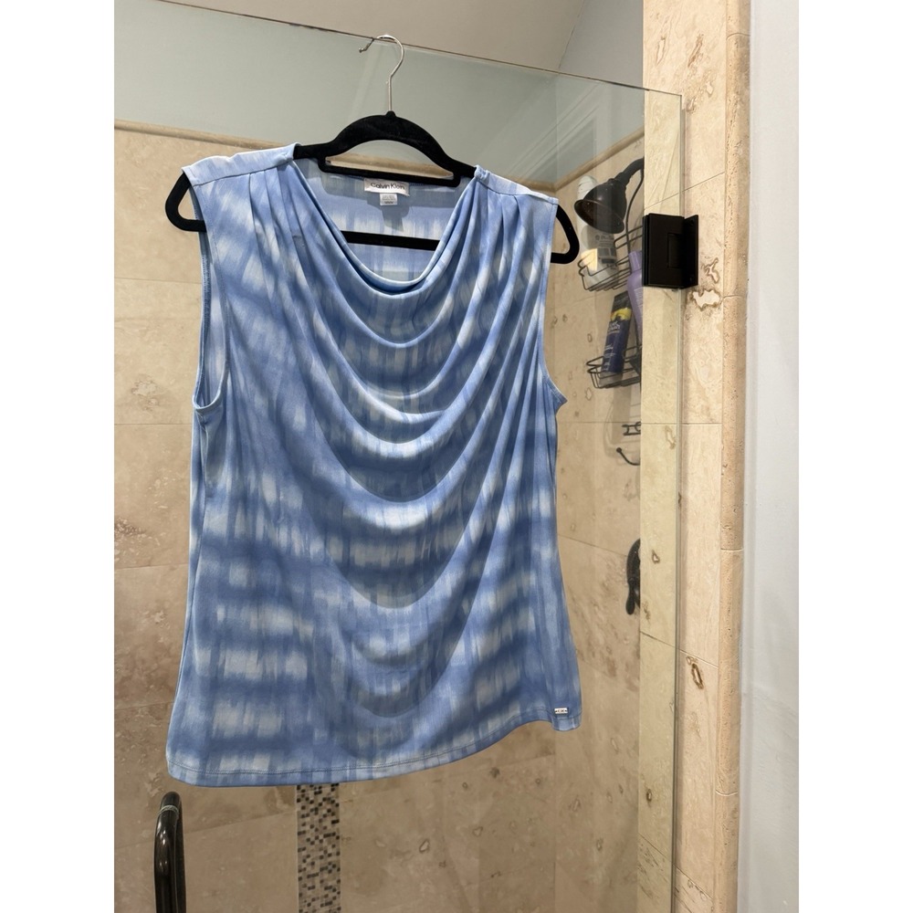 Calvin Klein Women Blue Cowl Neck Sleeveless Jersey Blouse M Tie Dye Pullover